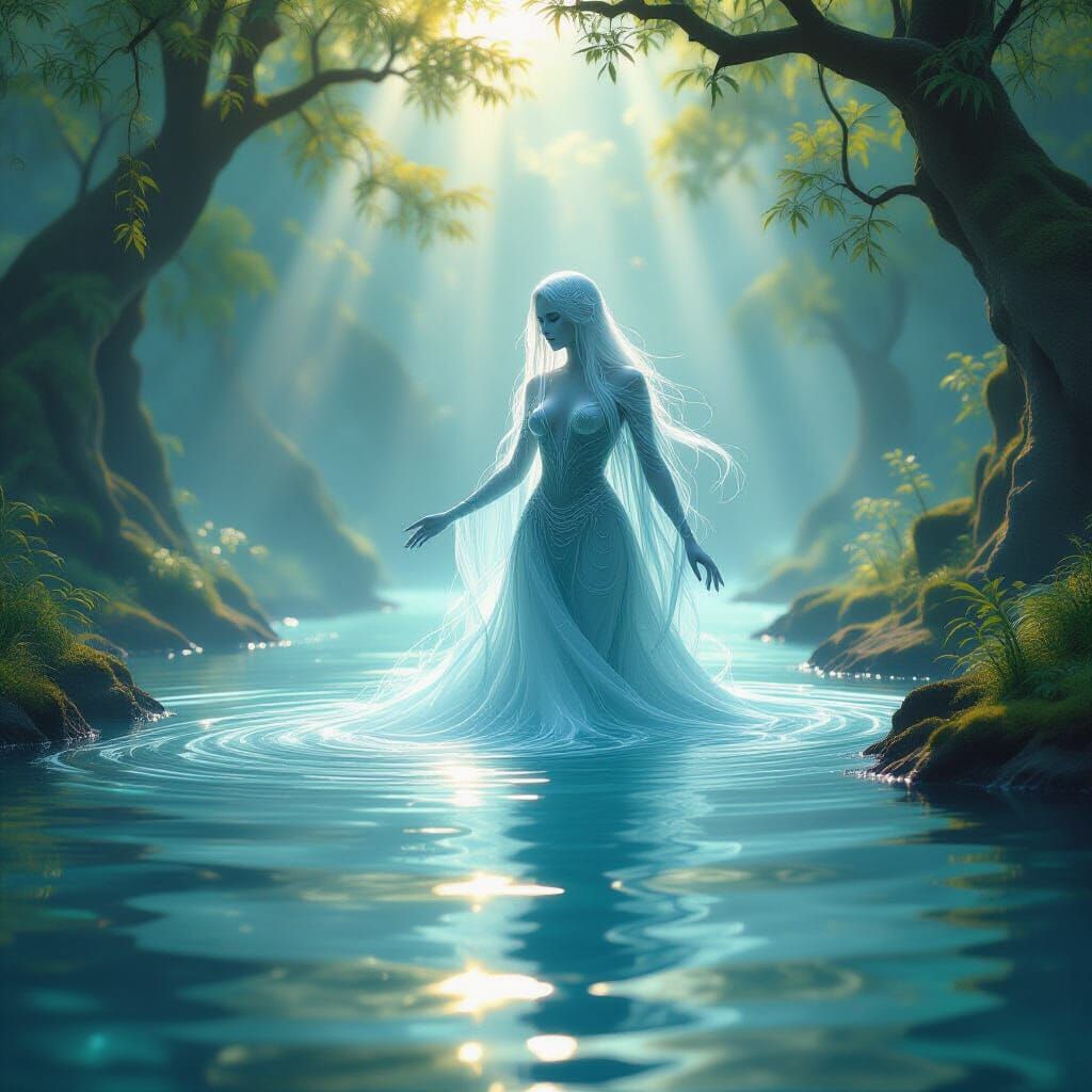 Enigmatic Water Nymph in Sun-Dappled River