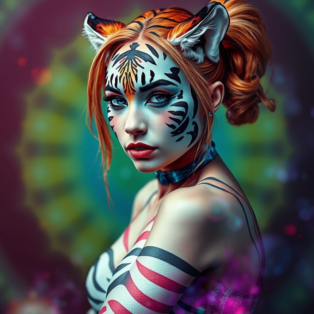 Tiger Mermaid Warrior in Double Exposure Style