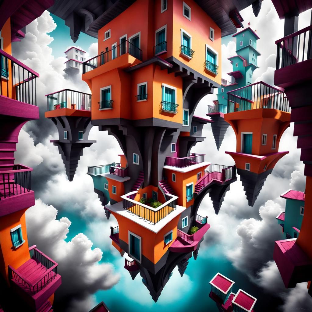 Whimsical Upside Down Cityscape in the Clouds