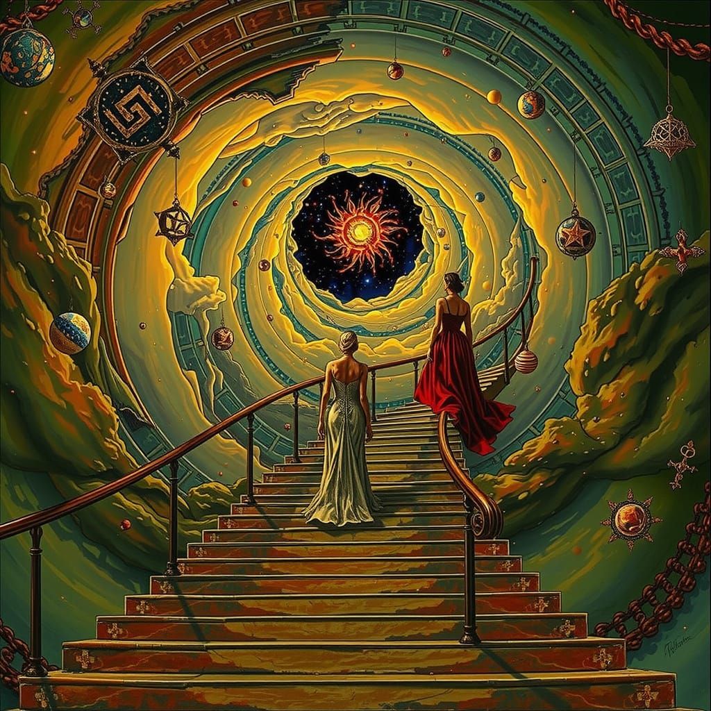 Elegant Women Ascend Celestial Staircase in Hyperrealistic S...
