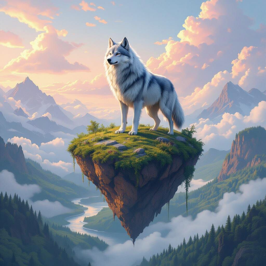 Floating Island Wolf in Detailed Matte Painting
