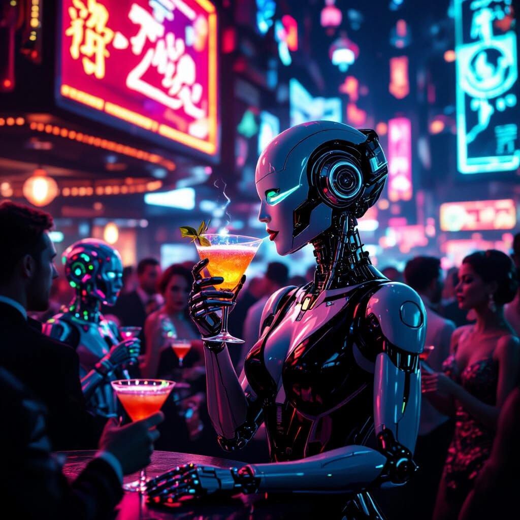 Robot Speakeasy Scene in Cyberpunk Art Deco Style