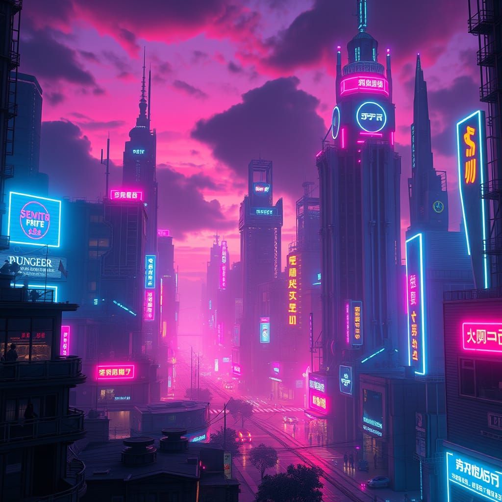 Futuristic Neon Cityscape at Dusk