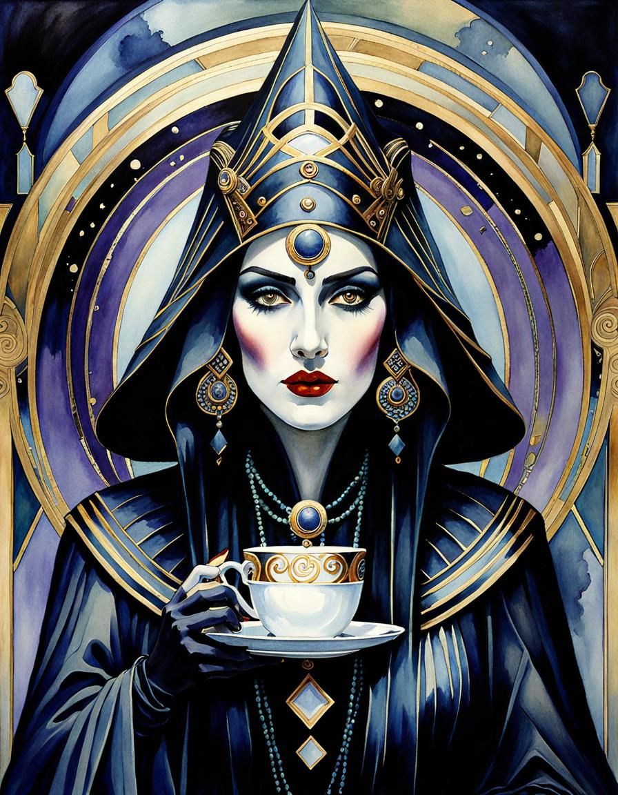 Art Deco Necromancer Witch Drinking Coffee