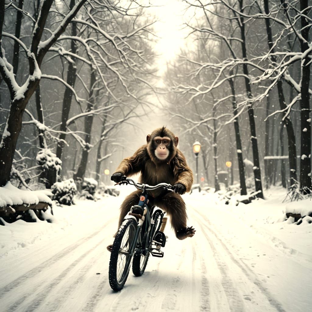 Monkey Rides Bike in Snow: Cinematic Film Still