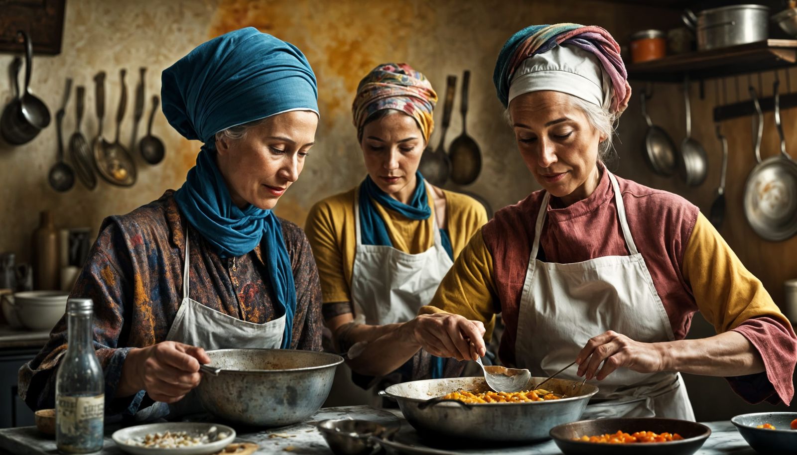 Polychromatic Kitchen Scene: Women Cook Together