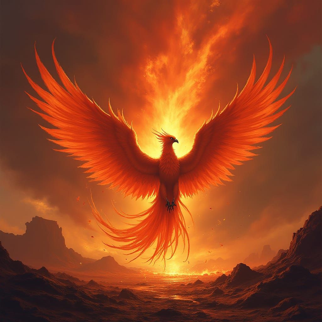 Majestic Phoenix Rises From Embers in Volcanic Landscape
