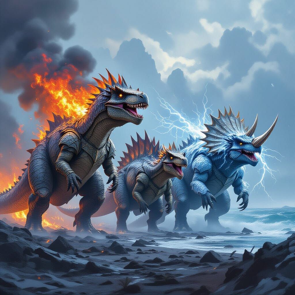 Elemental Dinosaurs Triumph in Apocalyptic Landscape