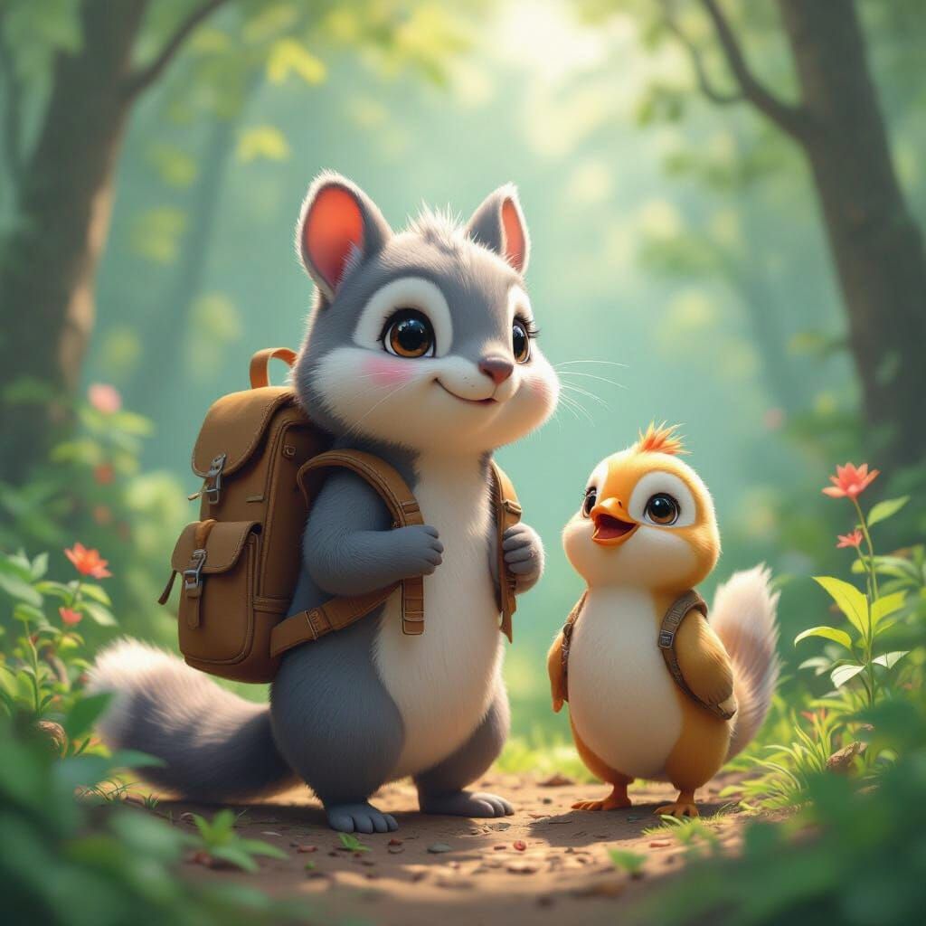 Squirrel-Duck Hybrid in Forest: 3D Anime Style