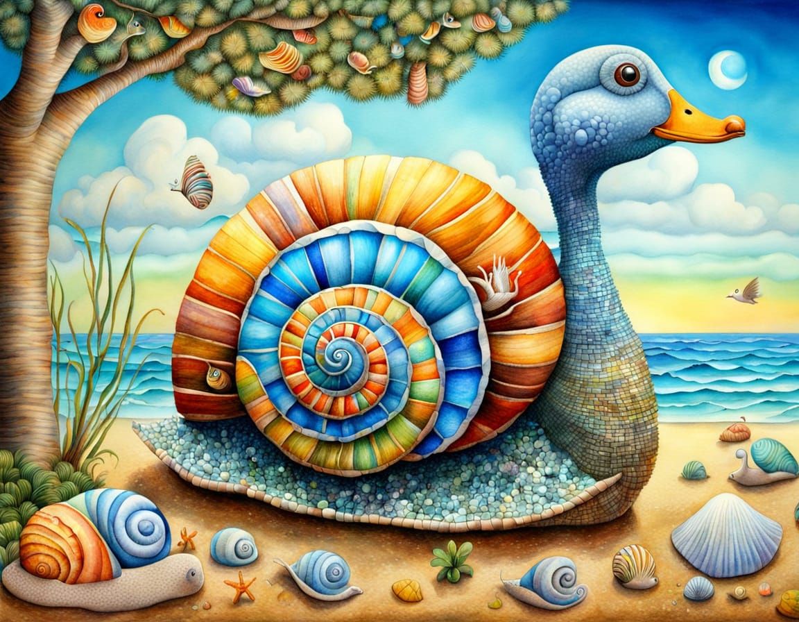Whimsical Beach Scene with Snail and Duck