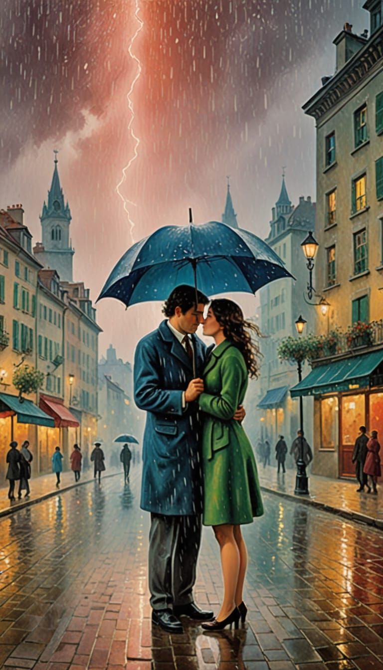 Dreamy Rainy Cityscape in Whimsical Art Style