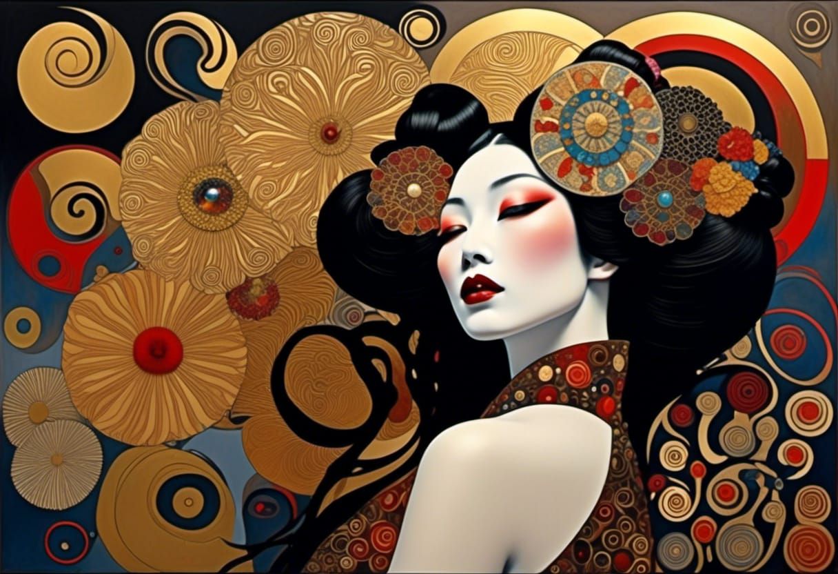 Golden Geisha Portrait in Gustav Klimt Style