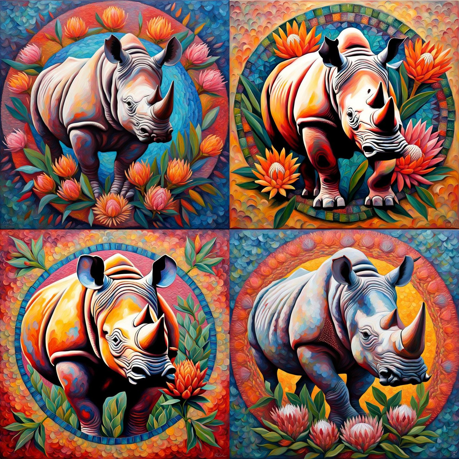 Rhino and Protea Mandala in Impasto Style