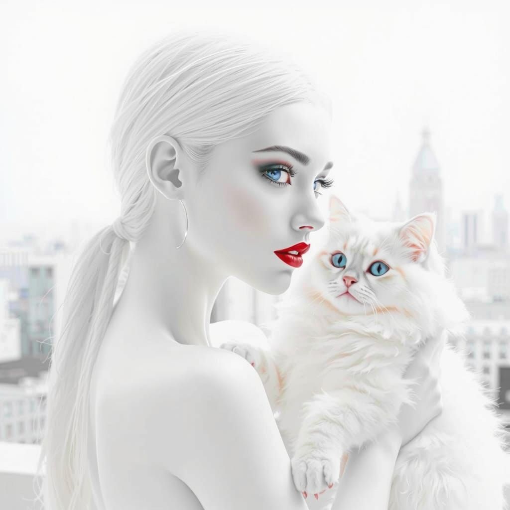 Close-up 3/4 profile of an abstract woman with white hair, sleek minimal features, and striking brilliant blue eyes, hol...