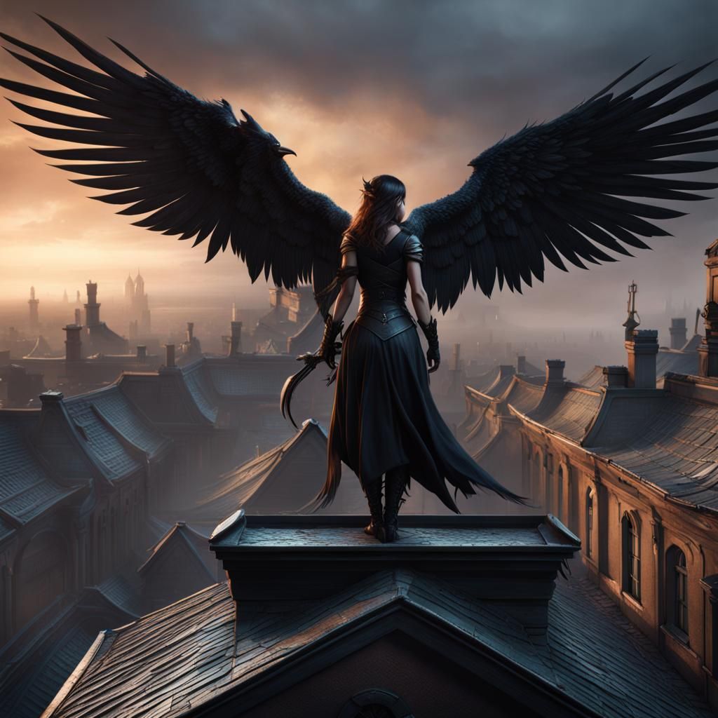 Winged Girl on Rooftop in Dark Fantasy Style