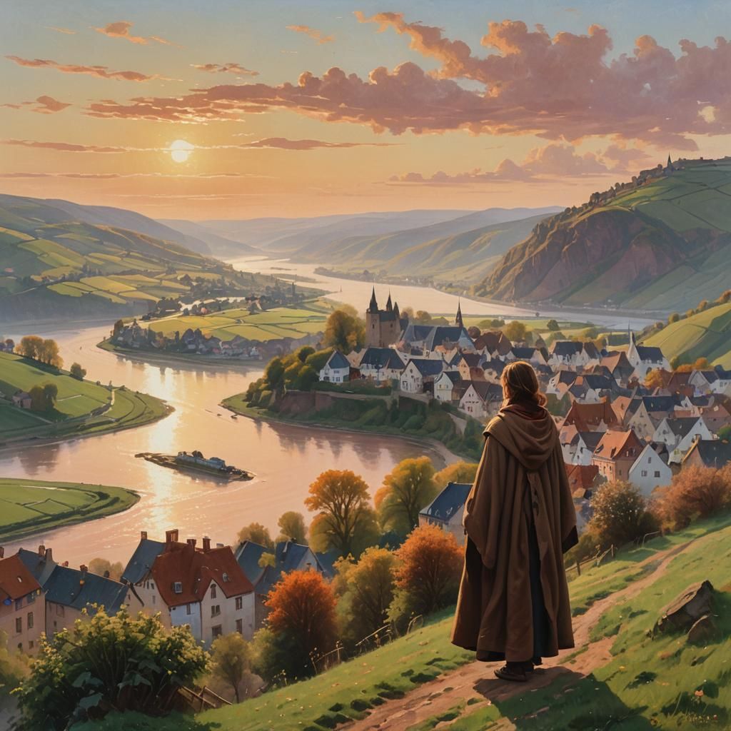 Romantic Rhine River Landscape Painting