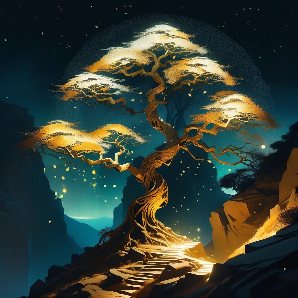 Ethereal Tree of Light: Hyperdetailed Chiaroscuro Painting