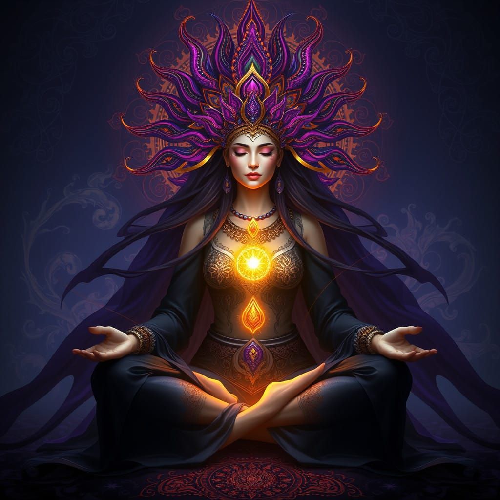 Mystical Goddess Meditating in Rich Fantasy Environment