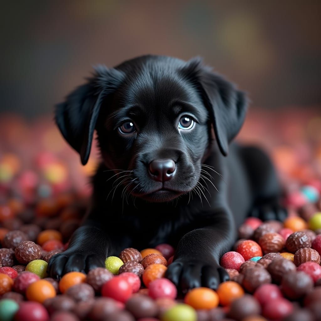 Vibrant Licorice Wonderland with Tiny Black Labrador Puppy