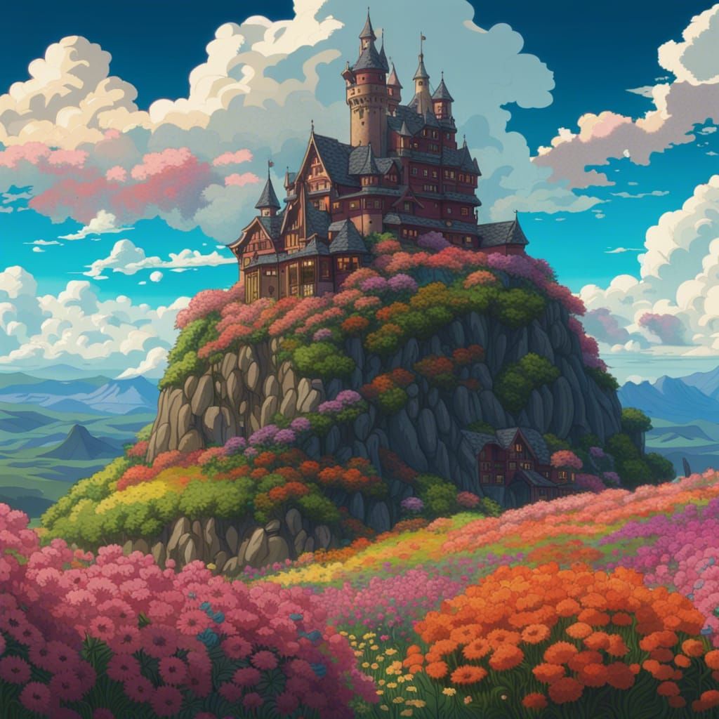 Studio Ghibli Castle Amidst Flowers and Mountains