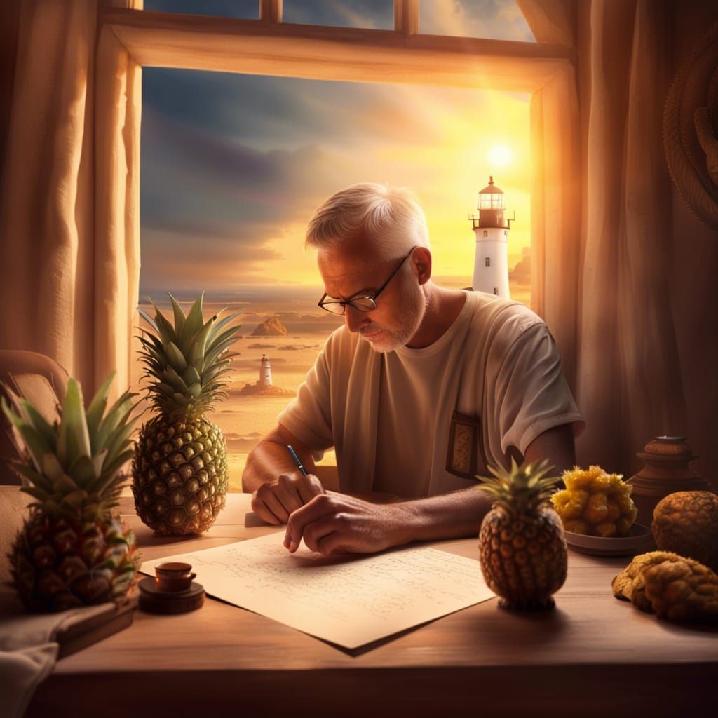 Man in the Desert, writing Calligraphy, Pineapple sliced on ...