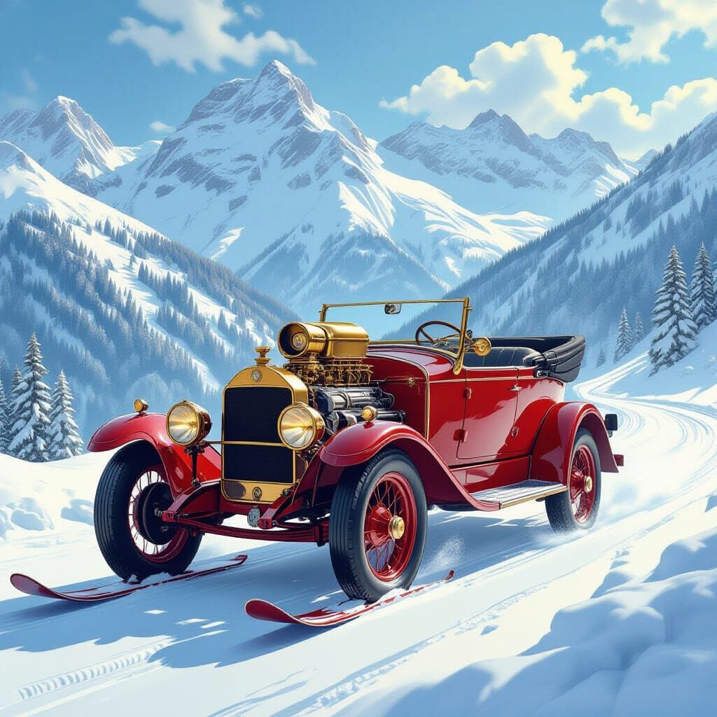 Vintage Steampunk Car on Snowy Mountain Pass