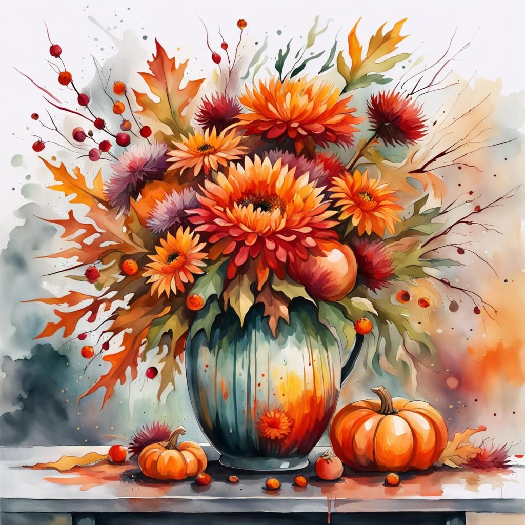 Autumn Bouquet Still Life in Watercolor Splash Art