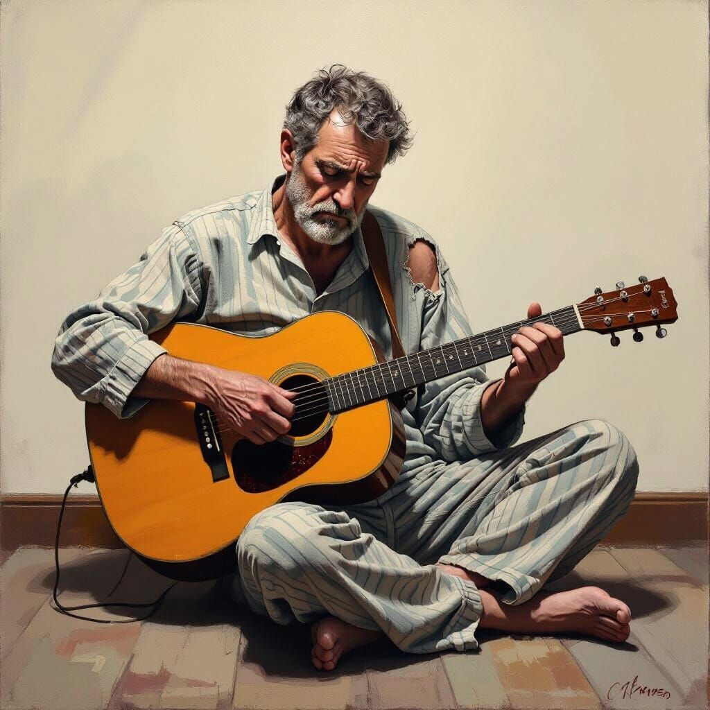 Depressed Man with Guitar in Somber Realism Style