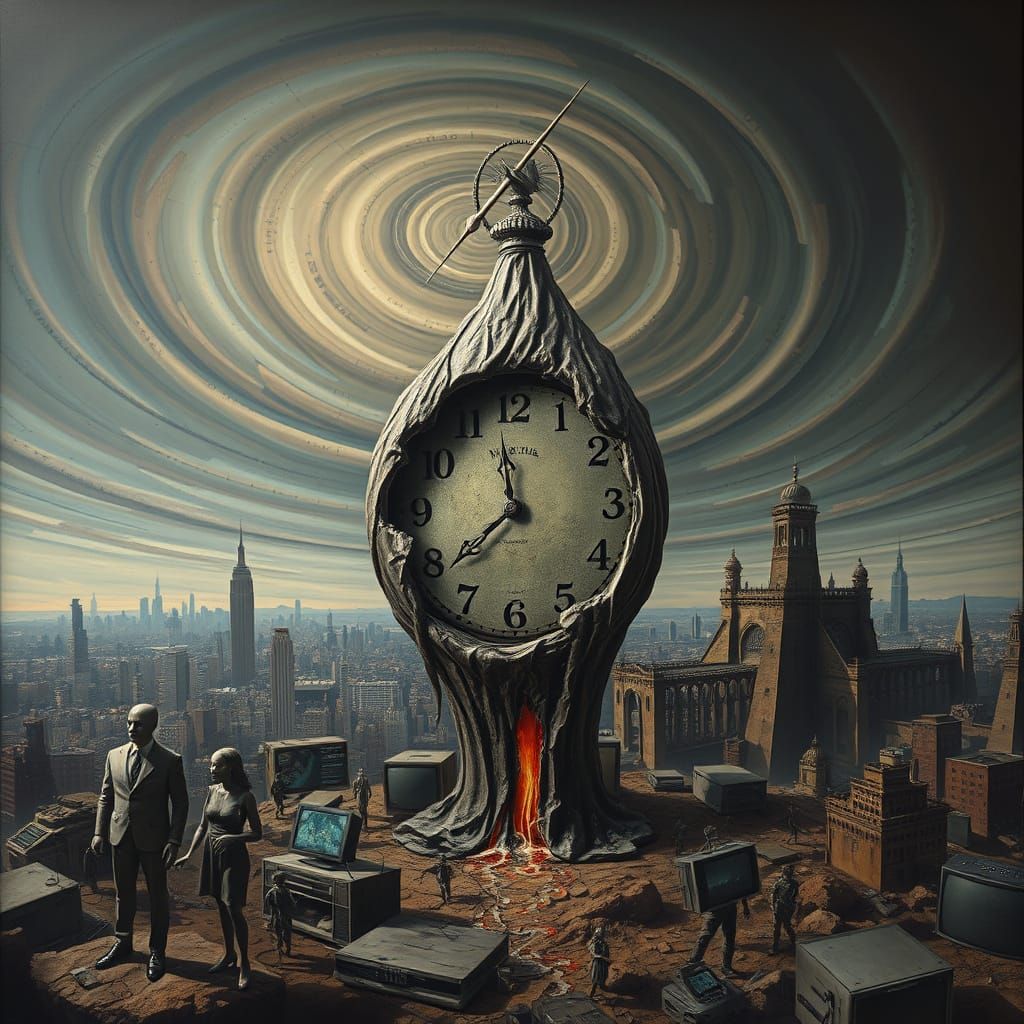 Melting Clock in Fractured Landscape: a Surrealist Vision