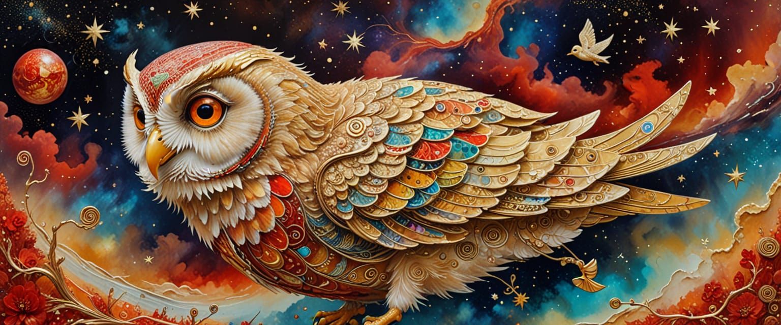 Owls and Duckling in Space Transporter: Surreal Painting
