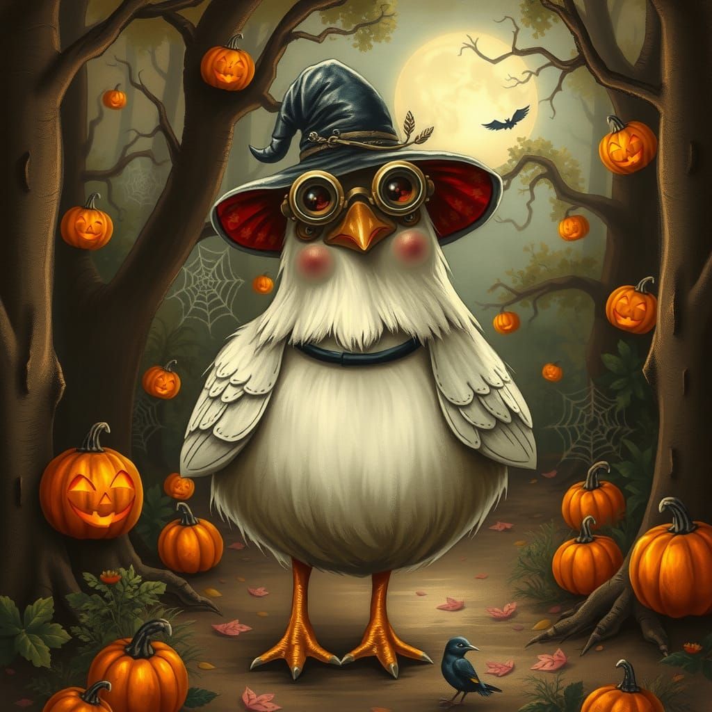 Halloween Chicken in Mystical Forest Setting