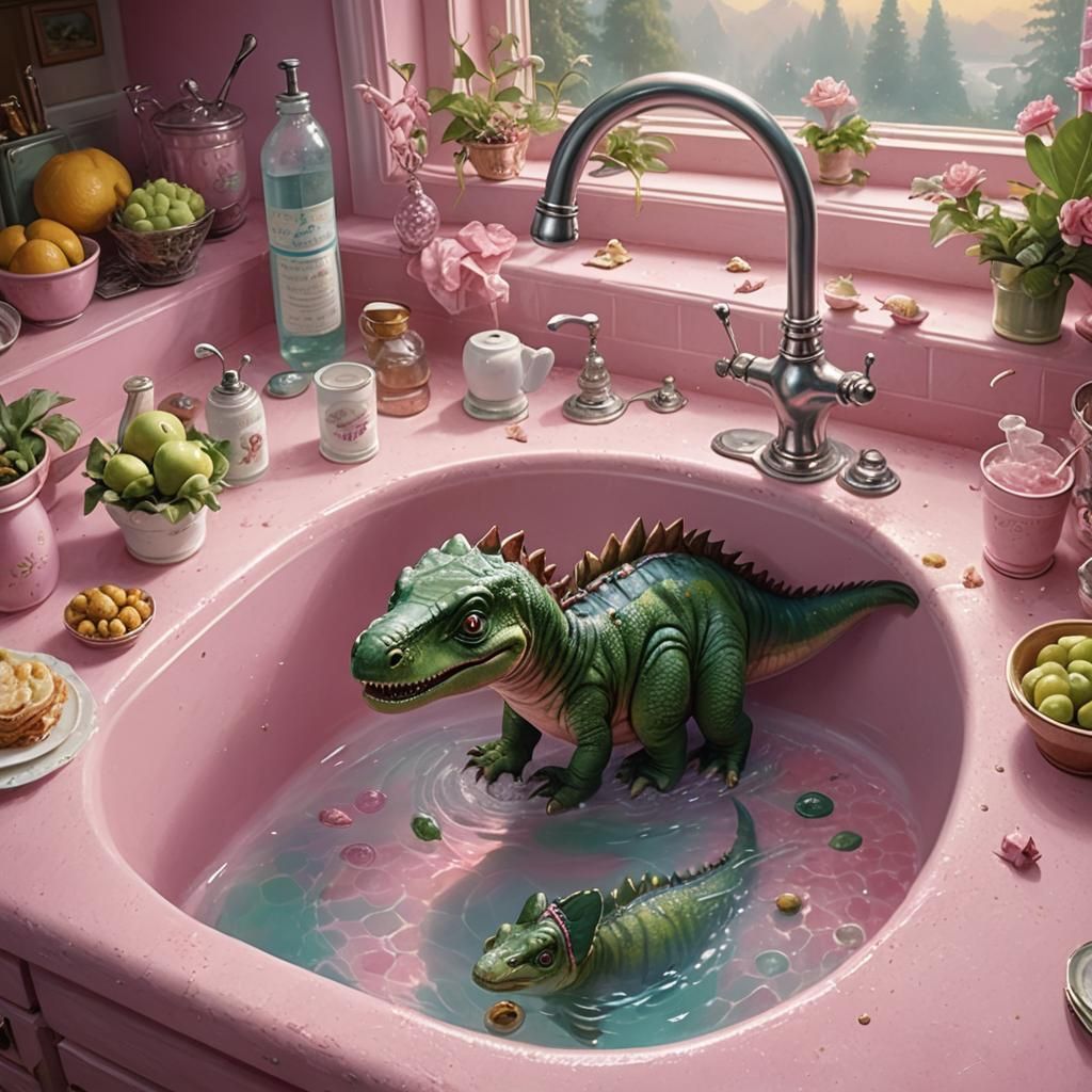 Cute Humanoid Dinosaur Swims in Pink Kitchen