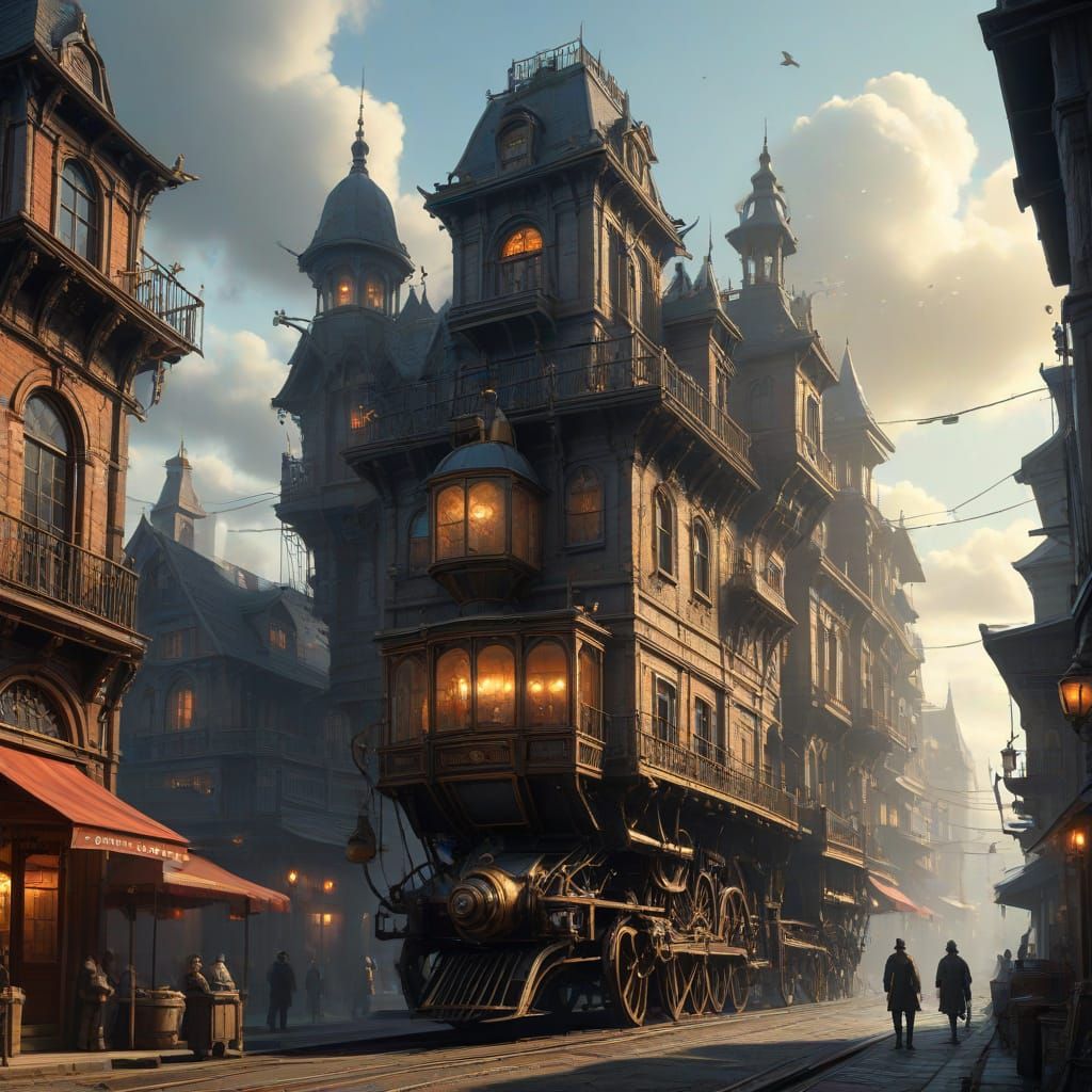 Steampunk Cityscape with Clockwork Dragon