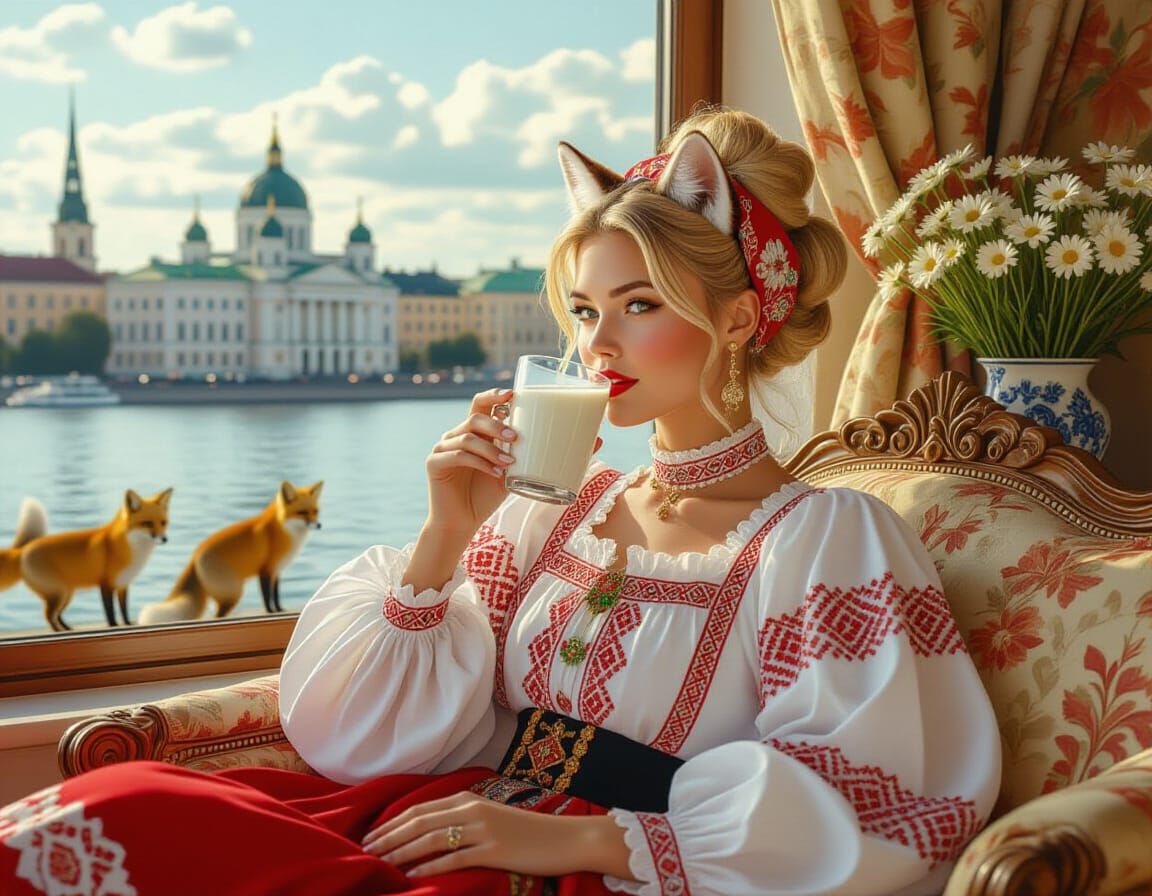 Woman in Latvian Costume with Foxes in Riga