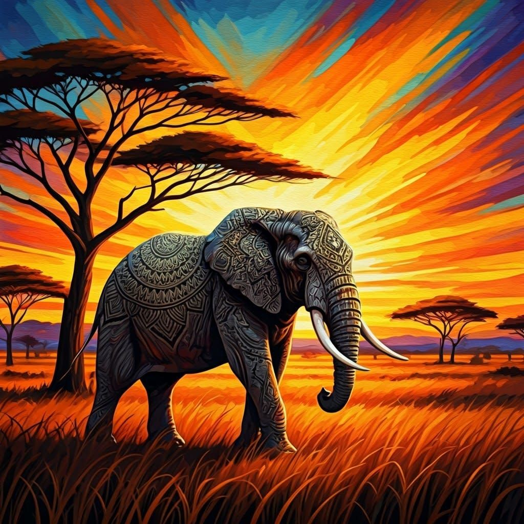 Elephant with Mandala Tattoo in African Sunset, Oil Painting