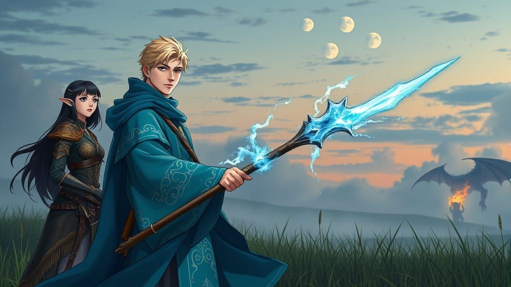 Ethereal Sorcerer Stands Beside Elf Maiden in Whimsical Anim...