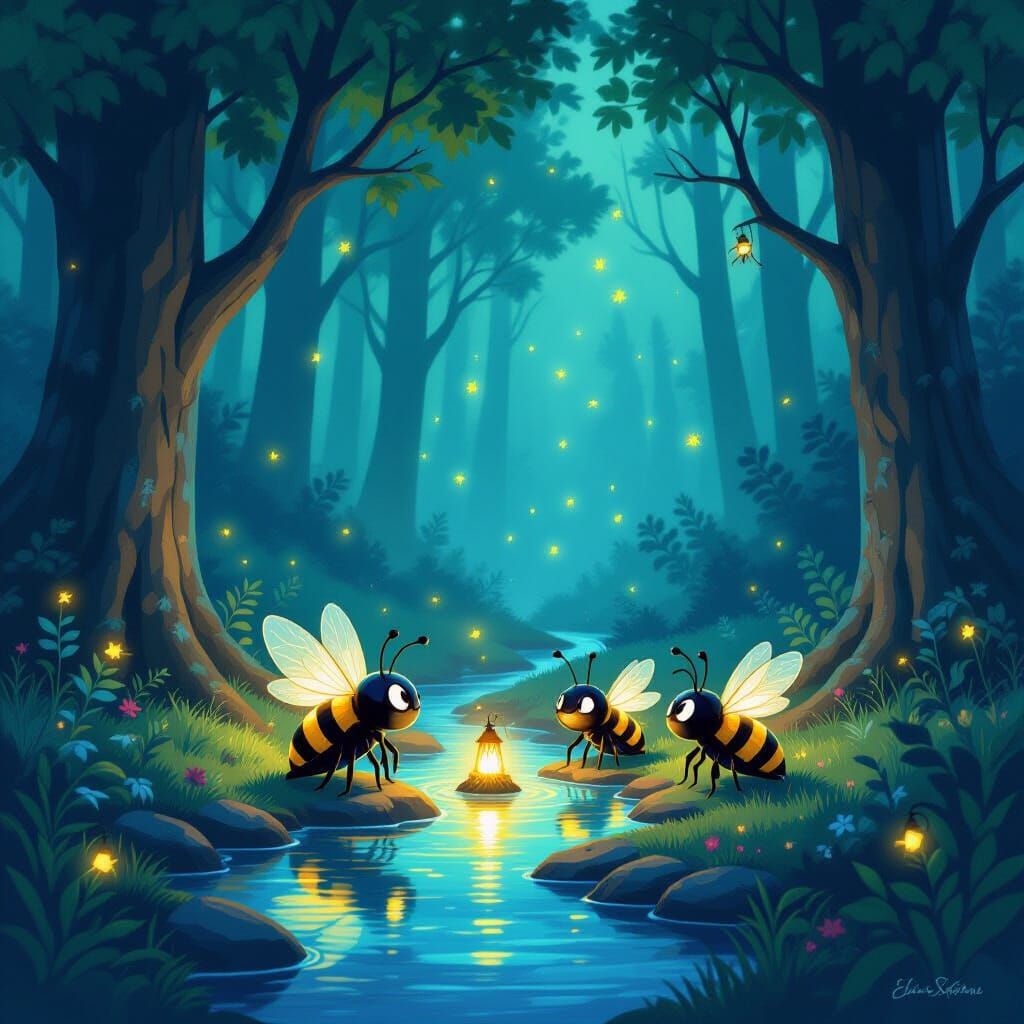 Mystical Forest Gathering with Glowing Bugs