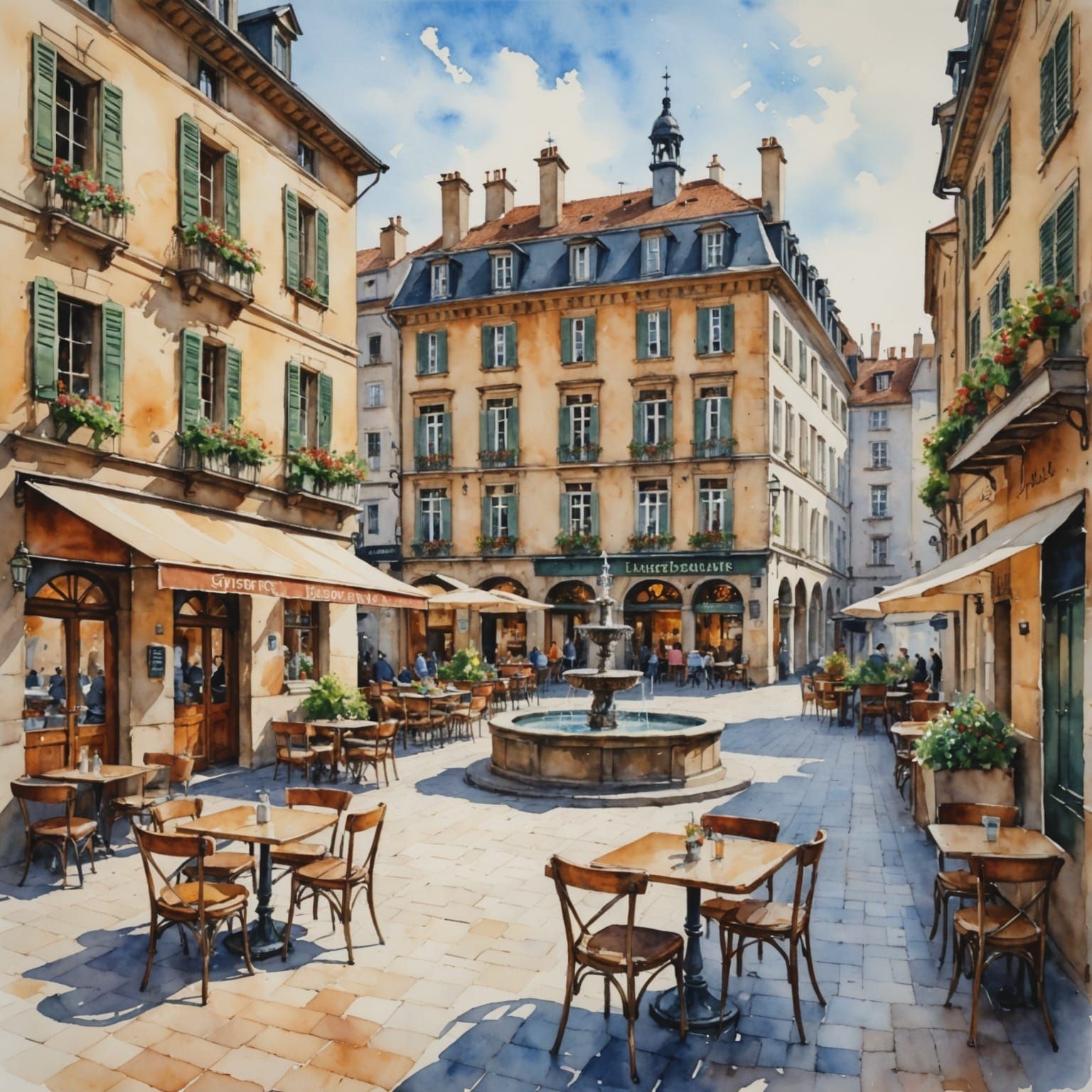 European Masterpiece Watercolor Painting of Idyllic Square