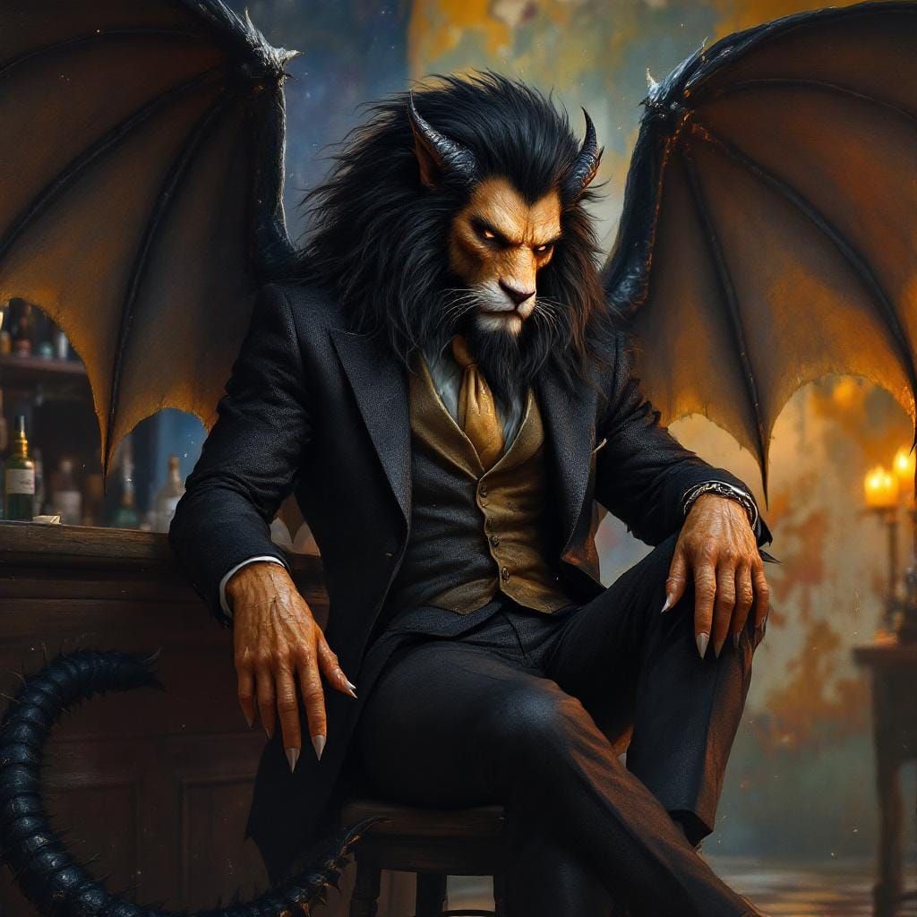 Humanoid Manticore in Suit on Bar Stool