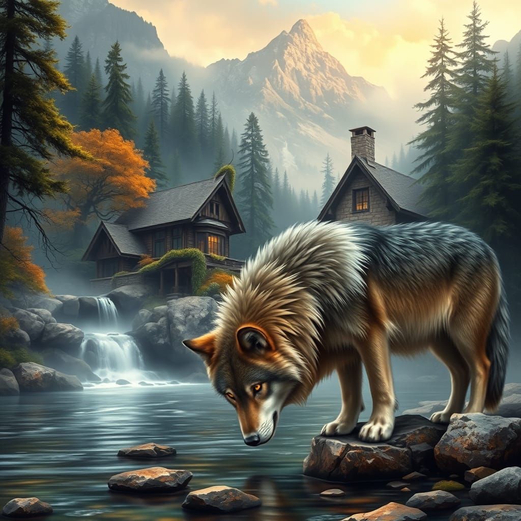 Serene Mountain Landscape with Waterfall and Rustic Stone Ho...