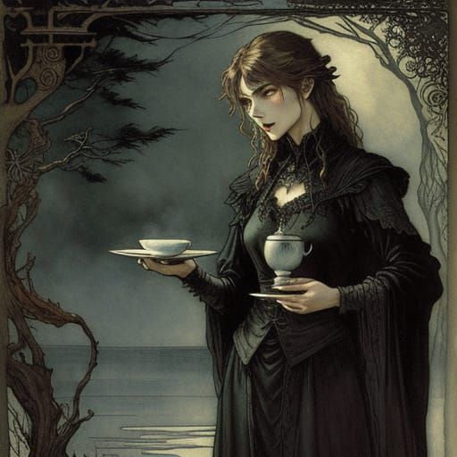 Mysterious lady with cup of coffee