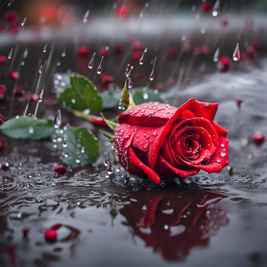 Red Rose with Raindrop on Ground: Close-Up Photo