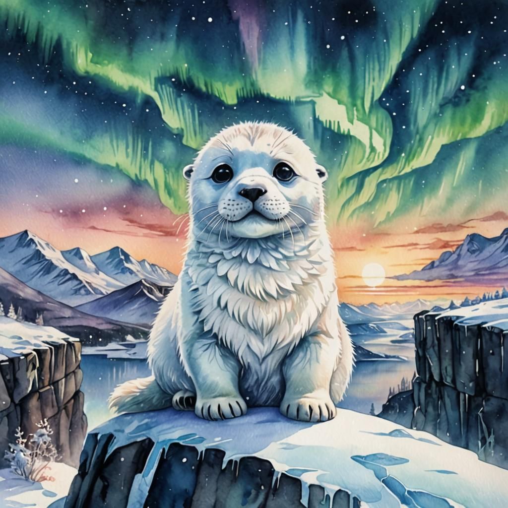 Watercolor Painting of Adorable Baby Seal in Winter
