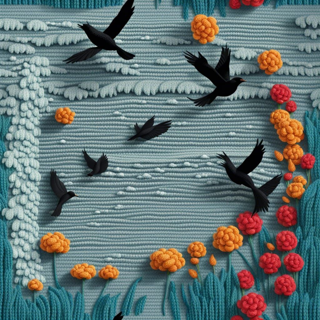 Crochet Waterfall Landscape with Birds in Flight