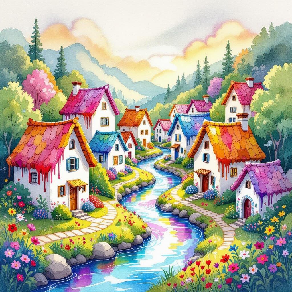 Whimsical Ceramic Village with Liquid Crayon Roofs