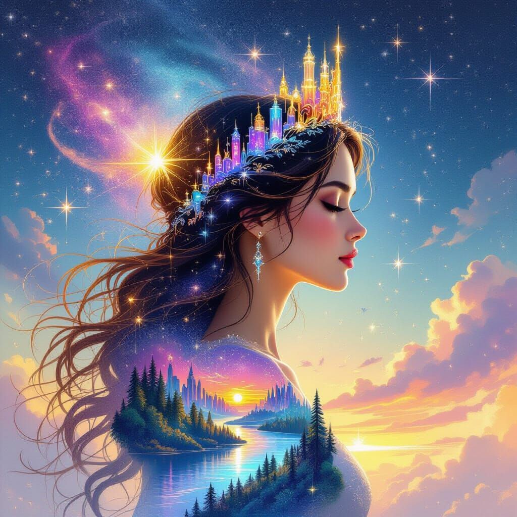 Cosmic Woman Silhouette with Forests and City Lights