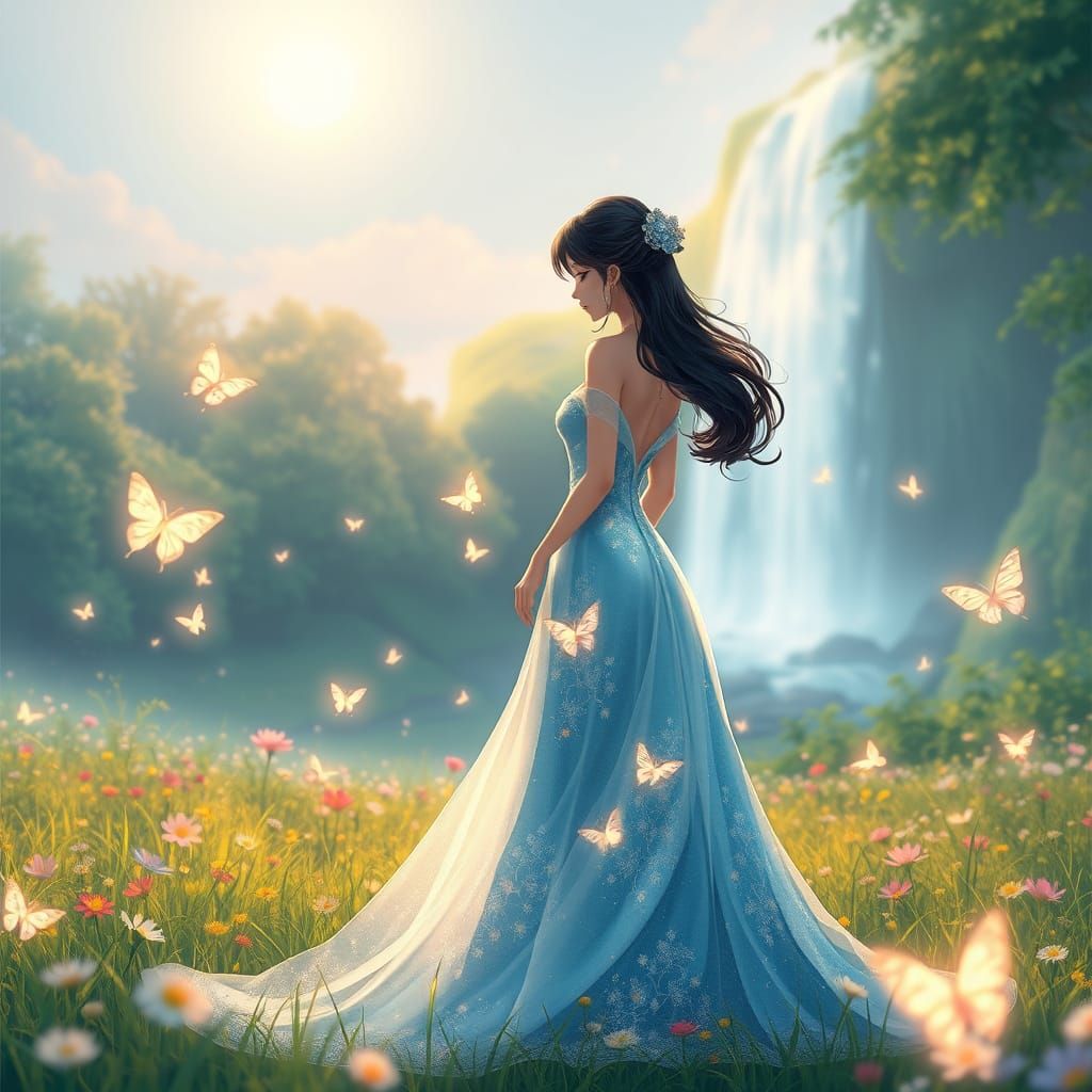 Anime Princess in Enchanted Meadow Under Silvery Moonlight