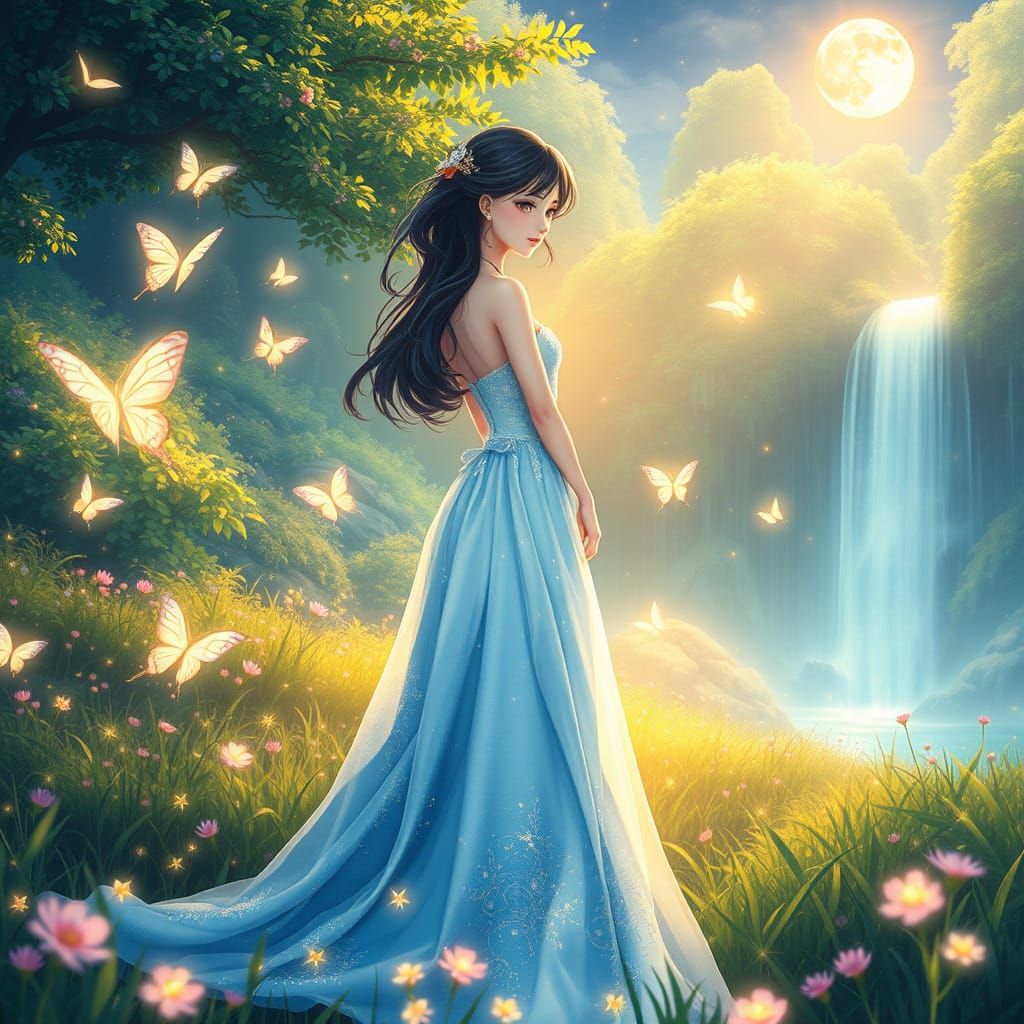 Anime Princess in Enchanted Meadow Under Silvery Moonlight