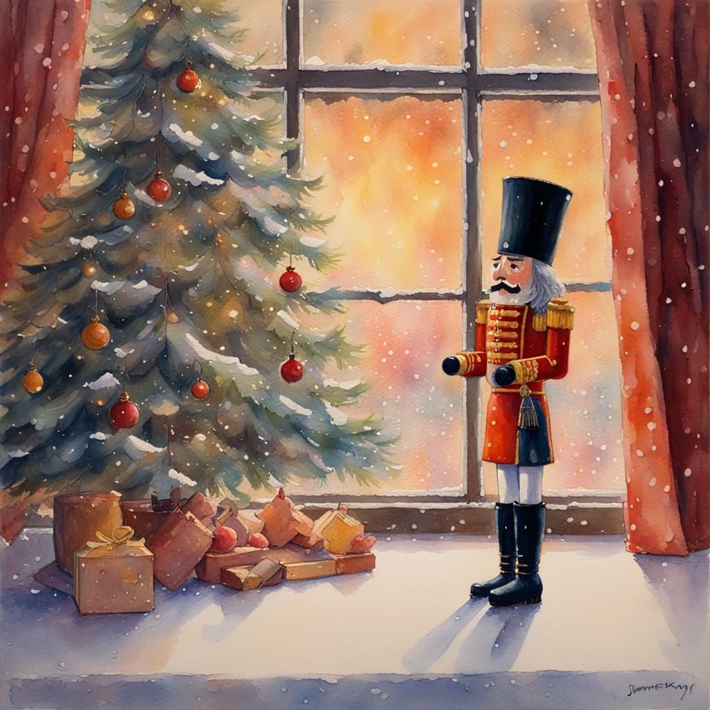 Festive Watercolour Nutcracker Scene by Fireplace