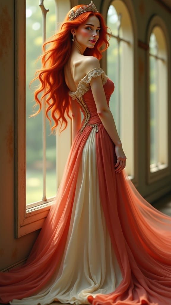 Elegant Princess in Baroque Dress by Arched Window